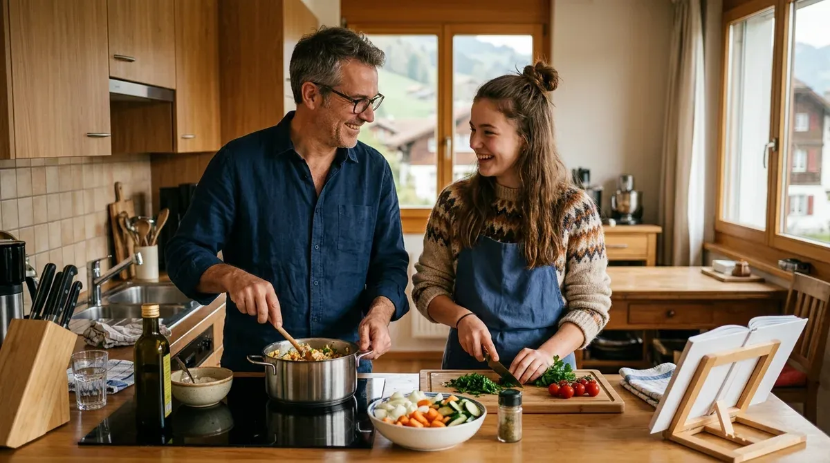 Un père et sa fille adolescente préparent le repas ensemble dans la cuisine d'un appartement suisse