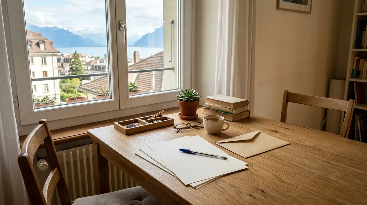 Papiers vierges, stylo et enveloppe posés sur une table de travail dans un appartement suisse